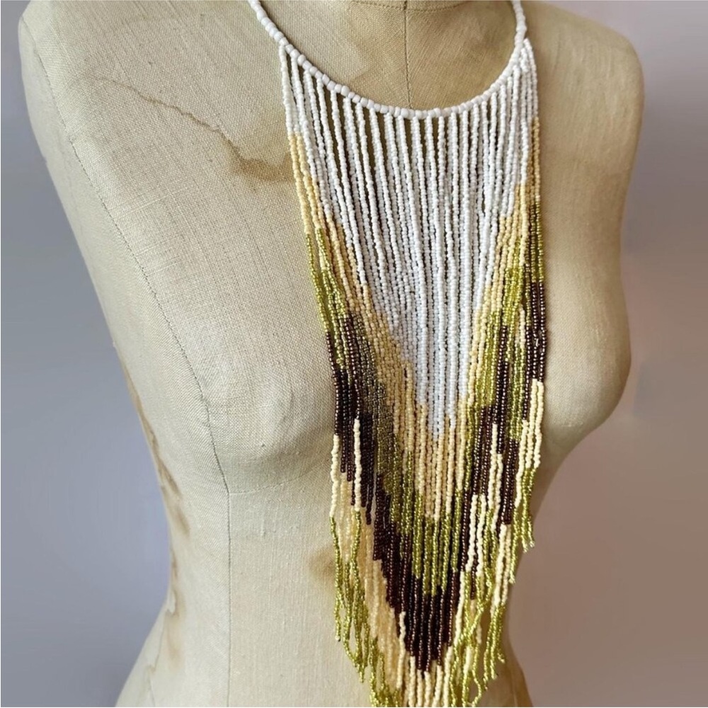 Multicolor Glass Beaded Necklace, white gold metallic 70s Fringe